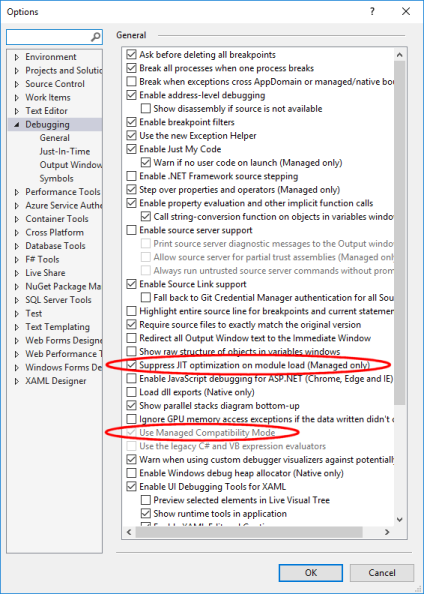 The New Exception Settings Window in Visual Studio 2015 - Azure